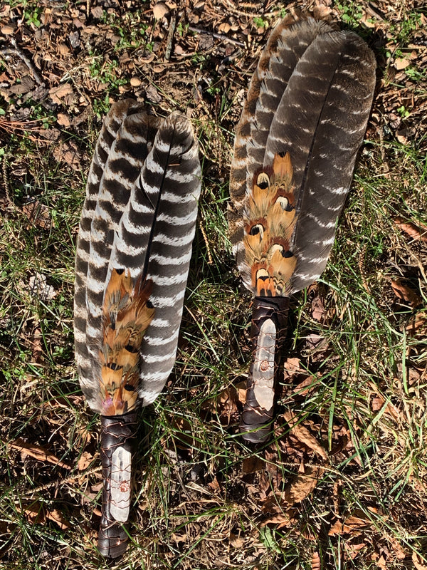 Handcrafted Three Feather Fan - Barred Turkey