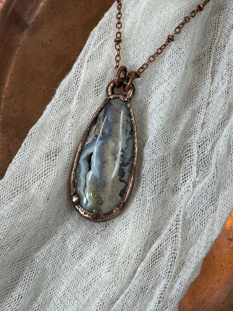 Moss Agate with Druze Vug Necklace // Copper Chain