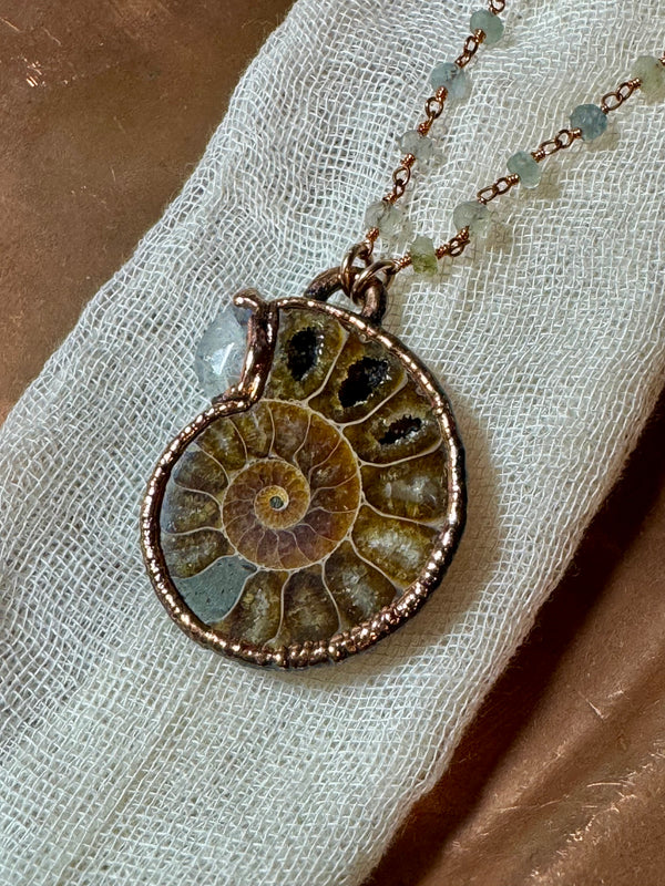 Ammonite Fossil & Rainbow Moonstone Necklace - Electroformed Copper