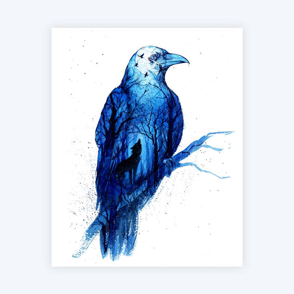 Twilight Raven Watercolor Night Art Print