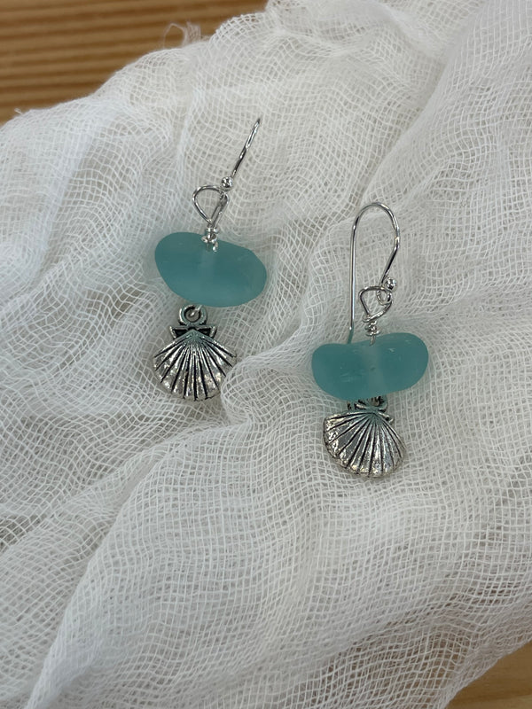 Sea Glass Earrings with Clamshell Charm (Pacific Coast)