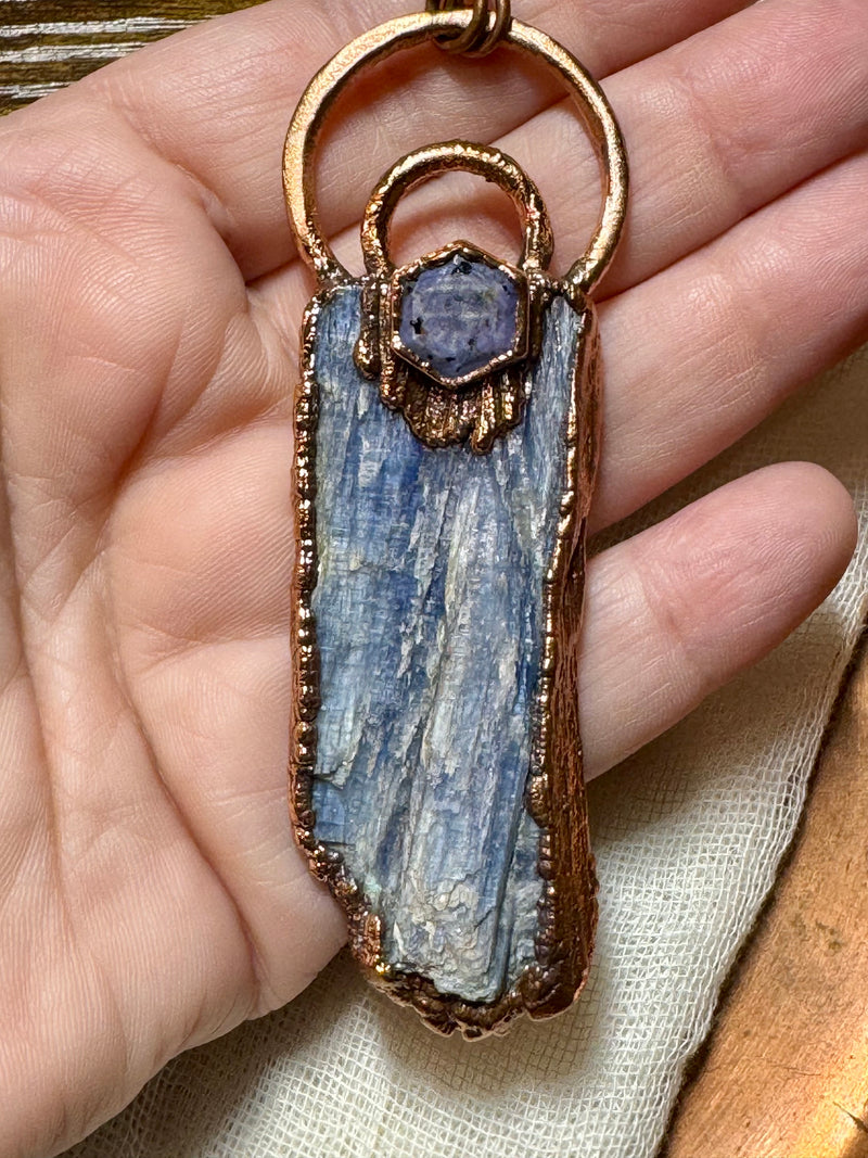 Blue Kyanite Blade with Faceted Ruby Necklace