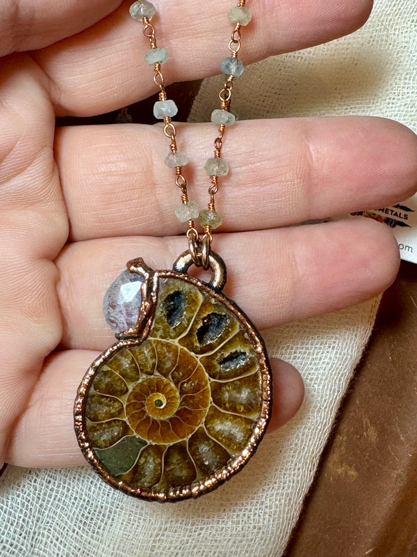 Ammonite Fossil & Rainbow Moonstone Necklace - Electroformed Copper