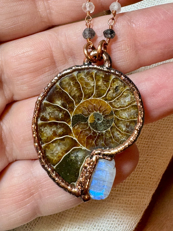 Ammonite Fossil & Rainbow Moonstone Necklace – Black Rutile Quartz & Copper Chain