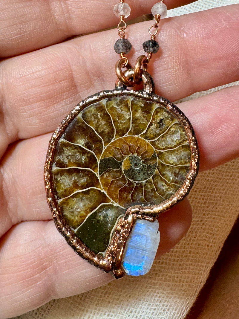 Ammonite Fossil & Rainbow Moonstone Necklace – Black Rutile Quartz & Copper Chain
