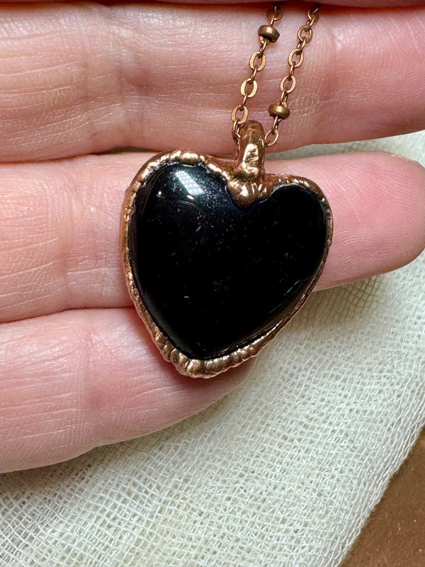 Obsidian Heart Necklace - Electroformed Copper