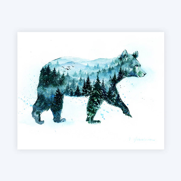 Misty Bear - Fog Forest Watercolor Art Print