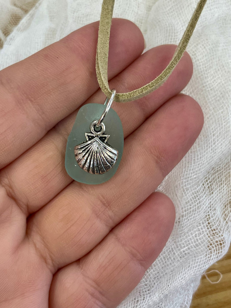 Sea Glass Necklace with Clamshell Charm (Pacific Coast)