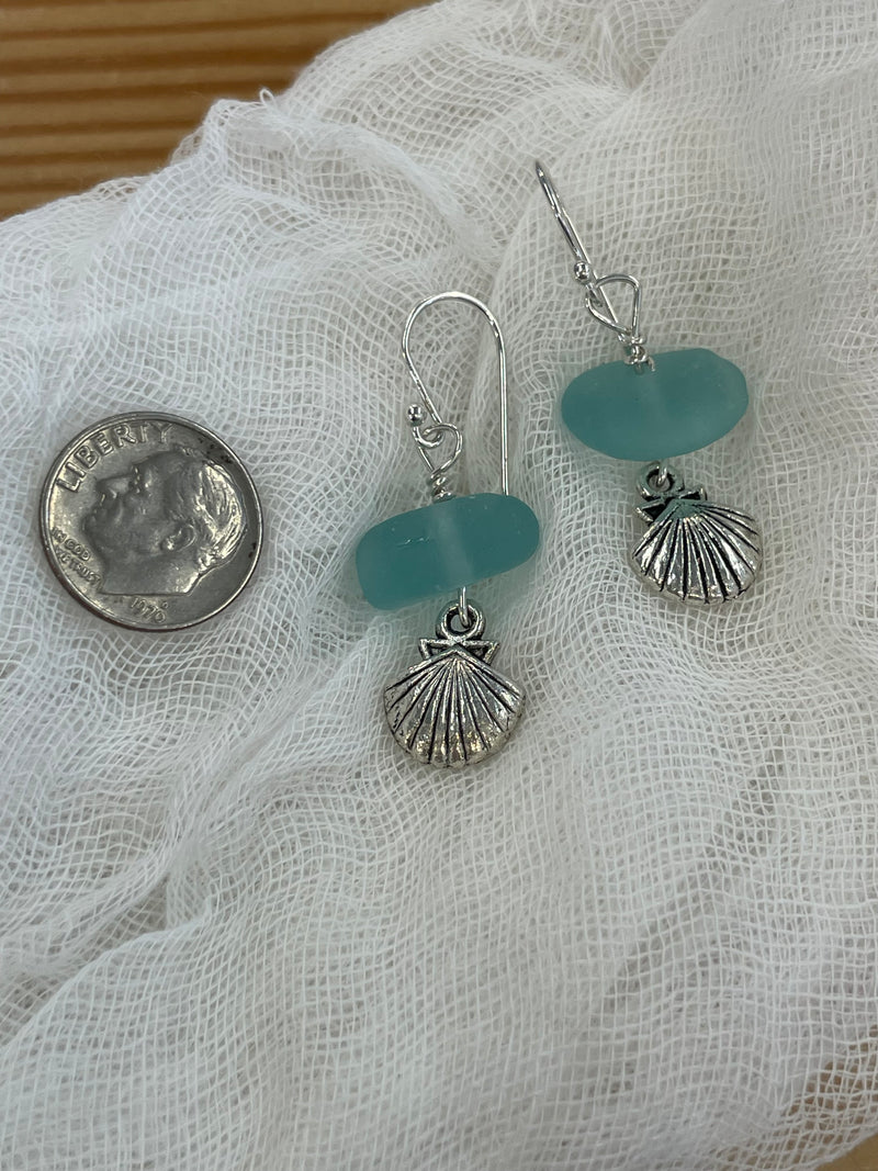 Sea Glass Earrings with Clamshell Charm (Pacific Coast)