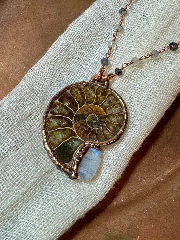 Ammonite Fossil & Rainbow Moonstone Necklace – Black Rutile Quartz & Copper Chain