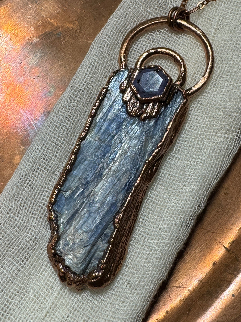 Blue Kyanite Blade with Faceted Ruby Necklace