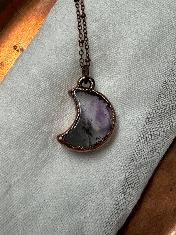 Petite Amethyst Crescent Moon Necklace / Copper Chain