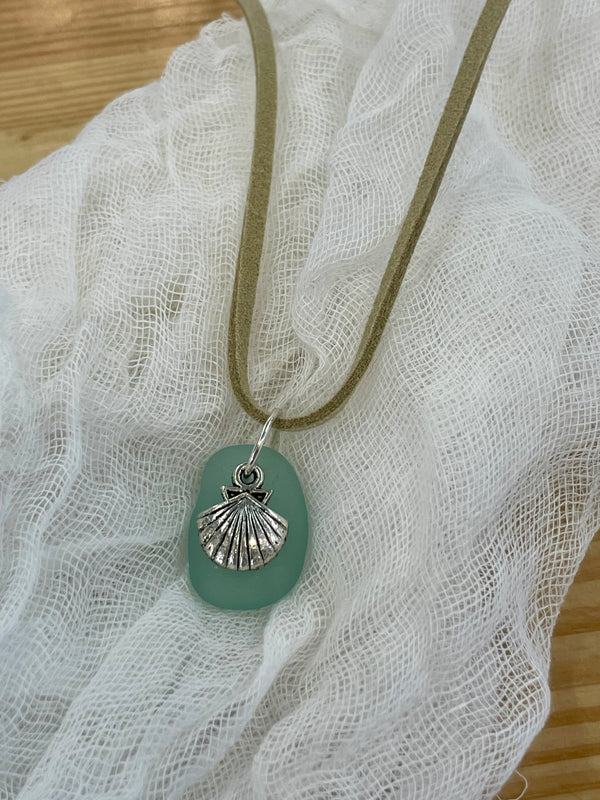 Sea Glass Necklace with Clamshell Charm (Pacific Coast)