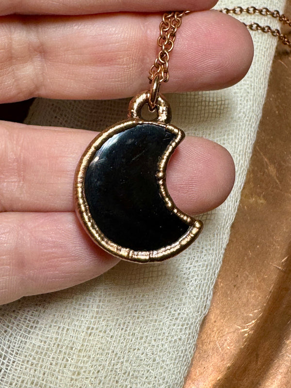 Indonesian Tektite Moon Necklace - Electroformed Copper