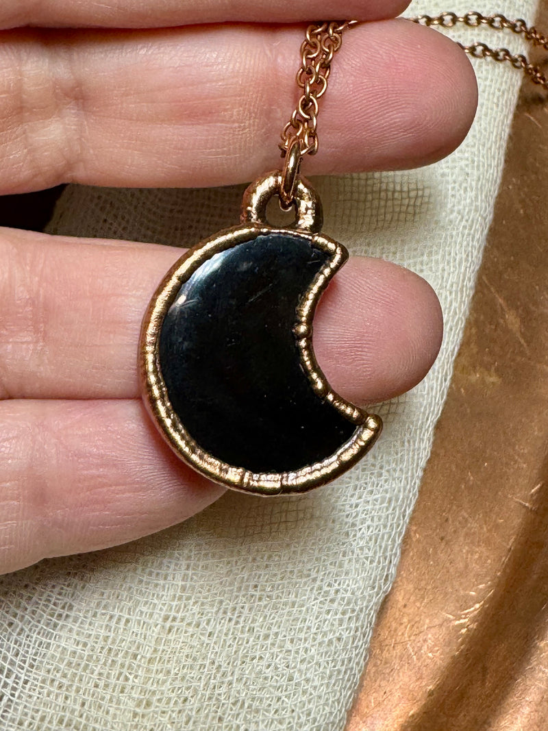 Indonesian Tektite Moon Necklace - Electroformed Copper
