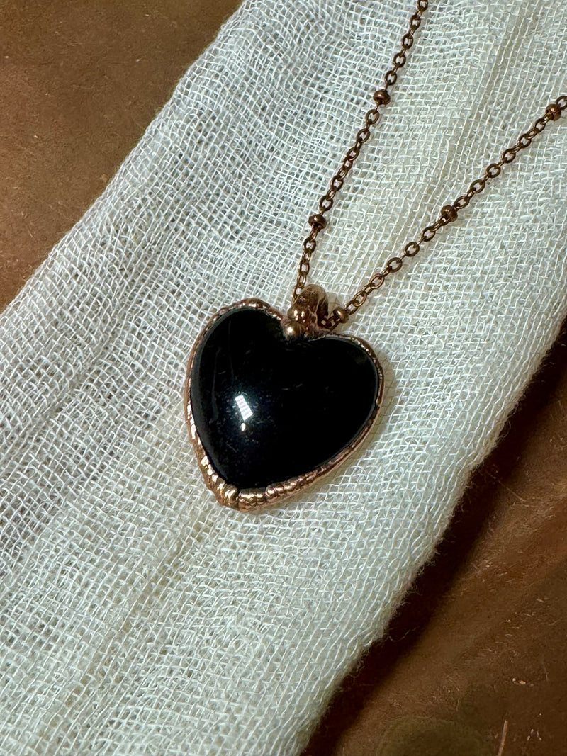 Obsidian Heart Necklace - Electroformed Copper