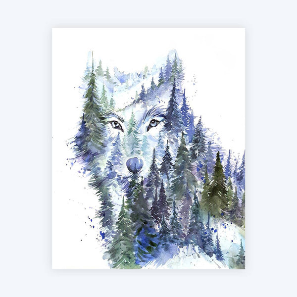 Young Wolf Watercolor Winter Forest Art Print
