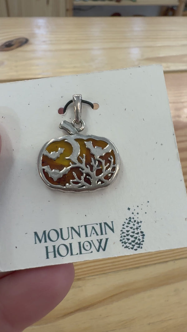 Pumpkin & Bats Baltic Amber/ Sterling Pendant