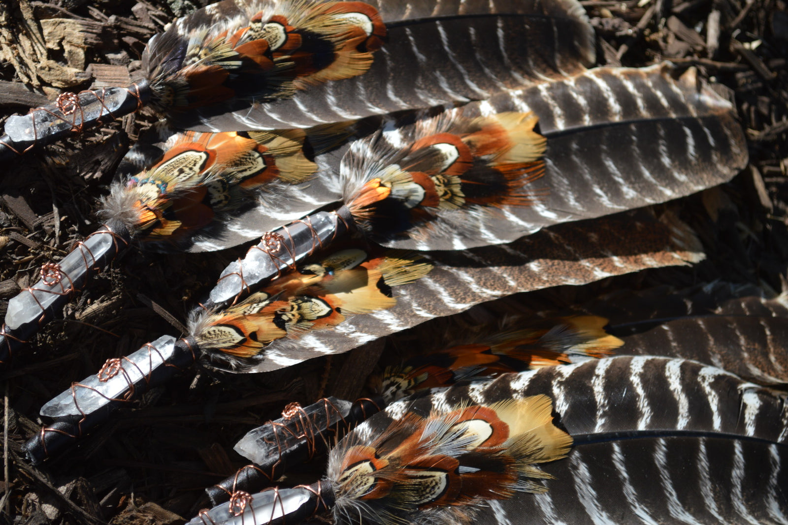 Driftwood Pheasant sale Feather Smudge Fan with Honey Calcite Sphere, Black Tourmaline with small crystal accents