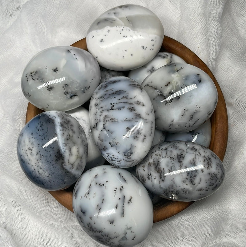 Dendritic Opal/White Dendritic Agate/Merlinite) Palm Stones / Pebbles